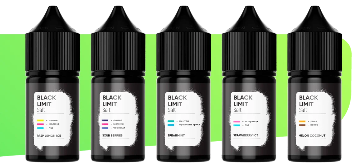 Жидкости Black Limit: Melon Coconut, Rasp Lemon Ice, Sour Berries, Spearmint, Strawberry Ice