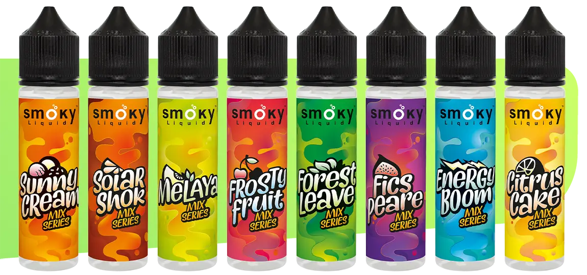 Все вкусы жидкости SMOKY MIX: SUNNY CREAM, SOLAR SHOCK, MELAYA, FROSTY FRUIT, FOREST LEAVE, FICSPEARE, ENERGY BOOM и CITRUS CAKE.